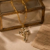 Retro aged carved cross diamond-encrusted pendant, Baroque-patterned stainless steel snake bone chain, matte gold, antique style, unique and niche, layered metal necklace details Picture